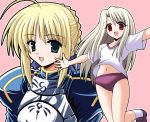  armor blonde_hair buruma fate/stay_night fate_(series) green_eyes gym_uniform illyasviel_von_einzbern long_hair red_eyes saber silver_hair waiai 