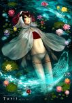 bad_id beatmania brown_hair face_paint facepaint fish floating flower green_eyes highres lily_pad lilypads lotus lying marukuto midriff multicolored_hair navel on_back siro water 