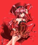  demonbane dress hat long_hair red red_background red_eyes red_hair redhead shinjin_marimo simple_background solo 