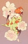 flower japanese_clothes kimono nail_polish orange_hair peony_(flower) red_hair redhead 