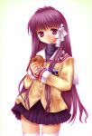  clannad fujibayashi_kyou long_hair purple_eyes purple_hair school_uniform thigh-highs thighhighs violet_eyes yoshida_inubito 