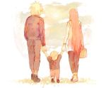  au bag blonde_hair child father_and_son from_behind hand_holding holding_hands long_hair mother_and_son namikaze_minato naruto red_hair sandals shoes standing uzumaki_kushina uzumaki_naruto very_long_hair walking yondaime 