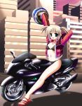  blonde_hair green_eyes helmet motor_vehicle motorcycle short_hair swimsuit twintails vehicle waiai 