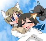  blue_eyes blush brown_hair gobera hug lynette_bishop miyafuji_yoshika neuroi neuroi_girl saliva short_hair strike_witches yuri 