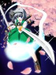  blue_eyes dual_wield dual_wielding ghost hairband highres hitodama kamiya_tomoe katana konpaku_youmu konpaku_youmu_(ghost) myon open_mouth petals short_hair silver_hair sword touhou weapon 