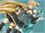  akita_neru aqua_eyes aqua_hair blonde_hair blush detached_sleeves hatsune_miku headset long_hair multiple_girls navel necktie side_ponytail skirt sukua thigh-highs thighhighs tk28 twintails very_long_hair vocaloid yellow_eyes 