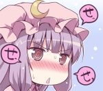  1girl @_@ blush crescent embarrassed hat hinooka_shuuji long_hair patchouli_knowledge purple_hair solo touhou translation_request violet_eyes 