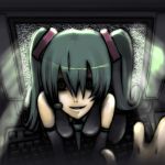  computer crazy_eyes creepy detached_sleeves green_hair hatsune_miku parody ringu the_ring thigh-highs thighhighs through_screen twintails vocaloid yama_(rabbit_room) 