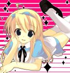  alice_(wonderland) alice_(wonderland)_(cosplay) alice_in_wonderland blonde_hair blue_eyes cosplay crossdressing crossdressinging enomoto_hina hairband kuma_(persona_4) long_hair male mary_janes persona persona_4 shoes solo thigh-highs thighhighs trap 