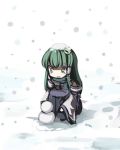  green_hair hair_ornament kochiya_sanae sitting snow snowman touhou yellow_eyes 