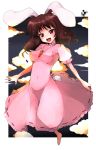 barefoot black_hair blush breasts brown_hair bunny_ears dress fang hands ichihonkui inaba_tewi ippongui open_mouth pink_dress rabbit_ears red_eyes short_hair smile touhou 