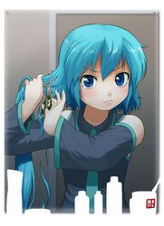  :&lt; alternate_hairstyle angry blue_eyes blue_hair blush cutting_hair detached_sleeves error hatsune_miku heartbreak_haircut mirror nagian necktie pout sad scissors short_hair solo tears vocaloid 