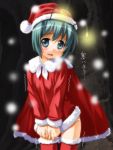  antenna bad_id blush bottomless cape christmas cold covering covering_crotch green_eyes green_hair hat no_pants open_mouth panties santa_costume santa_hat shiver short_hair snow solo tears thigh-highs thighhighs touhou translated trembling umekichi underwear white_panties wriggle_nightbug 