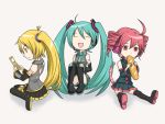  :d akita_neru aqua_hair baguette blonde_hair bread cellphone chibi closed_eyes detached_sleeves drill_hair eating food french_bread hatsune_miku headset kasane_teto knee_hug leg_hug necktie open_mouth phone redhead side_ponytail sitting skirt smile thigh-highs thighhighs tk28 triple_baka_(vocaloid) twintails utau vocaloid 