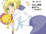  blonde_hair blouse blush bow fate/stay_night fate_(series) green_eyes hair_bow hair_up lion mattaku_mosuke open_mouth saber skirt surprise surprised sweatdrop translation_request type-moon 