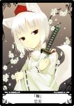  animal_ears card card_(medium) flower hat ikura_hato inubashiri_momiji katana red_eyes short_hair silver_hair solo sword tail tokin_hat touhou weapon wolf_ears wolf_tail 