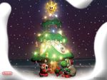  1024x768 christmas christmas_tree ear_muffs earmuffs nintendo present santa_costume santa_hat shine_sprite shy_guy snow wallpaper yoshi 