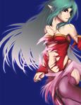  final_fantasy_vi green_hair pointy_ears red_eyes simple_background solo thighhighs tina_branford torn_clothes trance_tina_branford transformation 