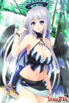  1girl bare_shoulders blue_eyes breasts cleavage halo highres kikyou-0423 long_hair navel official_art silver_hair solo venus_blade weapon wings 