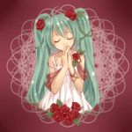  ahoge closed_eyes eyes_closed flower green_hair hair_flower hair_ornament hands_together hatsune_miku long_hair red_rose rose solo twintails very_long_hair vocaloid yayoi_(egoistic_realism) 
