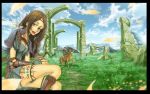  1680x1050 blue_eyes brown_hair cloud clouds fantasy feathers grass highres horse katou_taira long_hair open_mouth scenery sky tattoo wallpaper 
