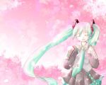  cherry_blossoms closed_eyes detached_sleeves hatsune_miku headphones headset long_hair namiuchi_nanami necktie skirt twintails very_long_hair vocaloid 