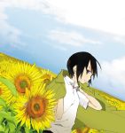  androgynous black_hair cloud clouds flower jacket kino kino_no_tabi reverse_trap short_hair sunflower 