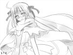  blush bow glasses hair_ribbon long_hair mahou_sensei_negima mahou_sensei_negima! monochrome ribbon scarf sketch smile solo sword tsukiyomi tsukuyomi_(negima) very_long_hair 