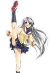  blue_panties clannad high_kick kick kicking long_hair panties sakagami_tomoyo school_uniform silver_hair underwear uwabaki 