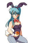  1girl animal_ears annoyed blue_eyes blue_hair blush bow bowtie bulma bunny_tail bunnysuit dragon_ball dragon_ball_(object) embarrassed long_hair looking_away rabbit_ears simple_background solo_focus tail tkgsize white_background 