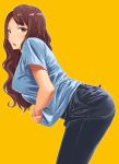  1girl :o ass breasts brown_eyes brown_hair denim jeans long_hair looking_at_viewer looking_to_the_side neri_sachiko open_mouth original pants shirt simple_background solo t-shirt thighs yellow_background 