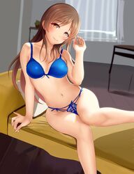  1girl arm_support bra brown_eyes brown_hair collarbone curtains highres long_hair navel sitting smile solo takahirokun underwear 