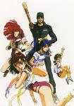  1boy 4girls 80s amano_kazumi arm_up blue_hair brown_eyes brown_hair finger_to_mouth floating_hair headband highres higuchi_kimiko holding holding_weapon jung_freud leotard lipstick long_sleeves looking_at_viewer makeup md5_mismatch mikimoto_haruhiko multiple_girls official_art oldschool open_mouth ponytail redhead scan shinai shoes short_sleeves simple_background sneakers sword takaya_noriko tank_top top_wo_nerae! waving weapon white_background 
