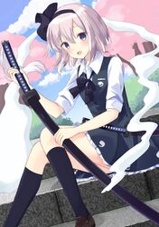  1girl :d ascot black_legwear blurry cherry_blossoms depth_of_field grey_eyes hairband holding katana kneehighs konpaku_youmu konpaku_youmu_(ghost) looking_at_viewer open_mouth purin_jiisan short_hair silver_hair sitting smile solo sword touhou tree weapon 