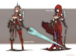  black_legwear boots breasts brown_hair gauntlets highres holding holding_shield holding_sword holding_weapon hood looking_at_viewer navel original pantyhose pointy_ears ponytail shield sword thigh-highs thigh_boots under_boob weapon windforcelan 