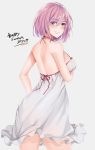  1girl back bare_back breast_hold dated dress english eyes_visible_through_hair fate/grand_order fate_(series) looking_at_viewer looking_back purple_hair shielder_(fate/grand_order) short_hair smile smirk solo strap_gap summer sundress violet_eyes yanochi 