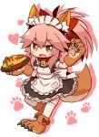  1girl animal_ears apron blush bow breasts brown_eyes chibi eyebrows_visible_through_hair fangs fate/grand_order fate_(series) fox_ears full_body hair_bow heart holding holding_tray large_breasts long_hair looking_at_viewer maid maid_apron maid_headdress naga_u open_mouth pink_hair red_bow smile solo tamamo_(fate)_(all) tamamo_cat_(fate) tray 