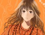 1girl bangs brown_eyes brown_hair close-up commentary_request dress face light_smile looking_at_viewer orange_background orange_dress original parted_lips sakimori_(hououbds) smile solo 