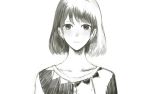  1girl bangs blush bob_cut close-up closed_mouth collarbone commentary_request dress greyscale looking_at_viewer monochrome original sakimori_(hououbds) short_hair simple_background solo white_background 