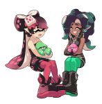 +_+ 2girls ankle_boots black_boots black_hair black_shirt black_shorts black_skin boots brown_eyes callie_(splatoon) closed_eyes crop_top detached_collar domino_mask earrings facing_another fangs food food_on_head full_body gloves green_legwear grin headphones holding invisible_chair jewelry long_hair marie_(splatoon) marina_(splatoon) mask midriff mole mole_under_eye mole_under_mouth multiple_girls object_on_head octarian open_mouth pantyhose pearl_(splatoon) pointy_ears purple_legwear shirt short_hair short_jumpsuit shorts simple_background sitting smile splatoon splatoon_2 squid strapless tentacle_hair white_background white_gloves wong_ying_chee