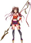  &gt;:d 1girl :d antenna_hair bare_shoulders brown_hair checkered checkered_skirt elbow_gloves flat_chest full_body gloves hand_on_hip holding holding_spear holding_weapon long_hair midriff murakami_yuichi navel official_art open_mouth oshiro_project oshiro_project_re pleated_skirt polearm sakuma_kanazawa_(oshiro_project) skirt smile spear thigh-highs transparent_background two_side_up violet_eyes weapon weapon_on_back 