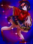  1girl :o blood blue_eyes blue_hair frilled_sleeves frills fukufukupine hat highres jiangshi miyako_yoshika neck_ribbon no_feet ofuda outstretched_arms pale_skin ribbon short_hair skirt solo sparkle star touhou 