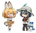  2girls :d :o animal_ears arm_up backpack bag black_eyes black_gloves black_hair blonde_hair bow bowtie bucket_hat chibi clenched_hands closed_eyes elbow_gloves eyebrows_visible_through_hair full_body gloves hair_between_eyes hand_up happy hat hat_feather high-waist_skirt ikkyuu kaban_(kemono_friends) kemono_friends knees_together_feet_apart looking_at_another looking_up lucky_beast_(kemono_friends) multiple_girls open_mouth outstretched_arm pantyhose pantyhose_under_shorts red_shirt serval_(kemono_friends) serval_ears serval_print serval_tail shirt short_hair short_sleeves shorts simple_background skirt sleeveless sleeveless_shirt smile standing standing_on_one_leg striped_tail tail thigh-highs wavy_hair white_background zettai_ryouiki 