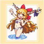  1girl bangs bikini blonde_hair blue_ribbon bow bracelet eyebrows_visible_through_hair flat_chest front-tie_bikini front-tie_top hair_bow halter_top halterneck horn_bow horn_ribbon horns ibuki_suika jewelry kumamoto_(bbtonhk2) long_hair looking_at_viewer lowres navel open_mouth outstretched_arm pixel_art red_bow ribbon side-tie_bikini smile solo swimsuit touhou very_long_hair wading water white_bikini white_bow yellow_eyes 