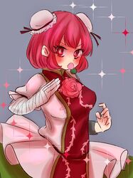  1girl bandage bandaged_arm blush bun_cover cuffs dango dress eating flower food fukufukupine highres ibaraki_kasen pink_eyes pink_hair rose short_hair short_sleeves solo sparkle tabard thorn_print touhou wagashi 