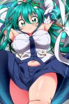  1girl armpits belly belly_peek blush breasts bwell detached_sleeves erect_nipples green_eyes green_hair highres hips kochiya_sanae large_breasts long_hair looking_at_viewer lying on_back plump skirt smile solo thick_thighs thighs touhou very_long_hair vest 