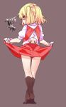  1girl black_panties blonde_hair flandre_scarlet full_body lifted_by_self looking_at_viewer miniskirt panties pantyshot pantyshot_(standing) puffy_short_sleeves puffy_sleeves red_eyes red_skirt shamo_(koumakantv) short_sleeves simple_background skirt skirt_lift skirt_set solo standing tongue tongue_out touhou underwear vest wrist_cuffs 