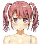  1girl absurdres bangs blush closed_mouth collarbone heart highres huge_filesize kantoku long_hair looking_at_viewer original pink_hair portrait sidelocks simple_background smile solo spaghetti_strap swept_bangs twintails upper_body violet_eyes wavy_hair white_background 