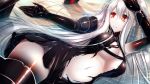  1girl absurdres aircraft_carrier_hime breasts cleavage commentary_request fuuki_(te_fuukin) gauntlets highres in_water kantai_collection large_breasts long_hair looking_at_viewer lying navel one_side_up parted_lips red_eyes shinkaisei-kan solo torn_clothes white_hair white_skin 
