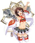  1girl :d antenna_hair breasts brown_hair checkered checkered_skirt detached_sleeves fang flat_chest frilled_skirt frills full_body hair_ornament hairclip holding holding_microphone horns jumping microphone midriff murakami_yuichi navel official_art open_mouth oshiro_project oshiro_project_re oyama_gobou_(oshiro_project) skirt smile 